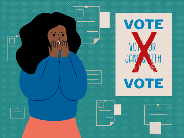 Person looking at a bad campaign poster with a big X on it