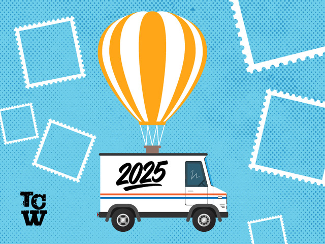 a mail truck floating like a hot air balloon