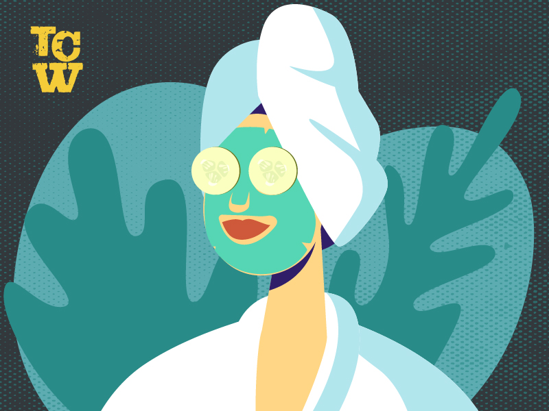 a woman having a spa day with cucumbers over her eyes