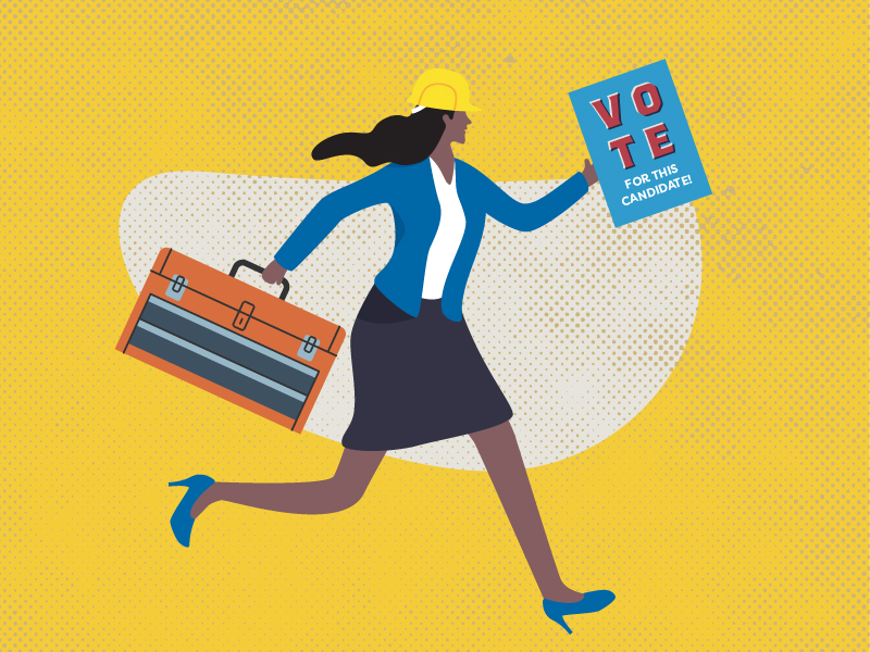 Woman running with a campaign toolbox and campaign sign