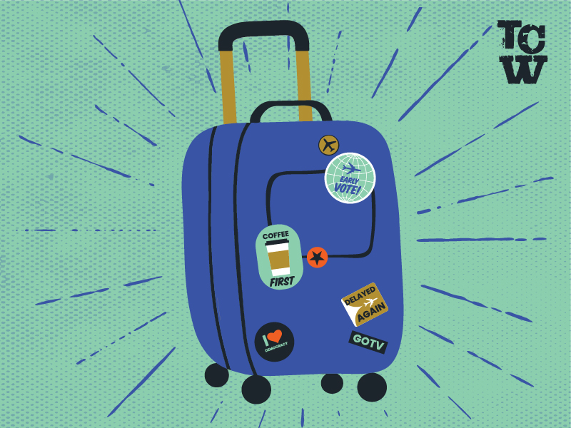 A suitcase with campaign stickers on it and a logo in the upper right corner