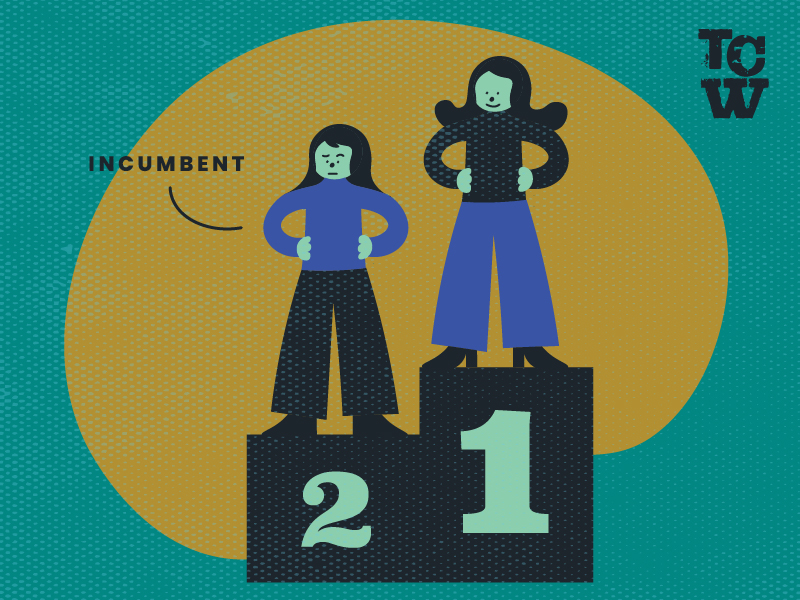 Two people standing on blocks with the numbers 1 and 2 on them