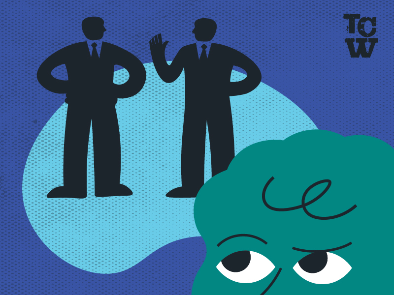 Two people icons talking with another person looking