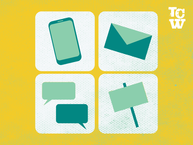 icons of a phone, letter, text bubbles and a sign