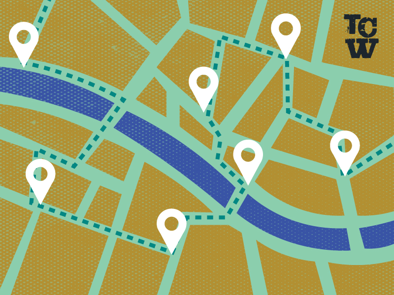 A rural road/map lines connecting scattered voter points, route markers, or location pins.