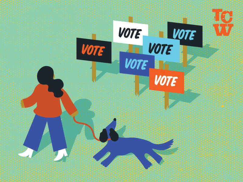 Cluster of “VOTE” yard signs — visual peer pressure / everyone is voting.