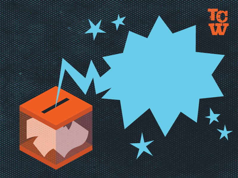 A ballot/campaign-style box with the usual political imagery contained inside, while a bold speech bubble or narrative thread literally breaks out of the box and travels beyond it.