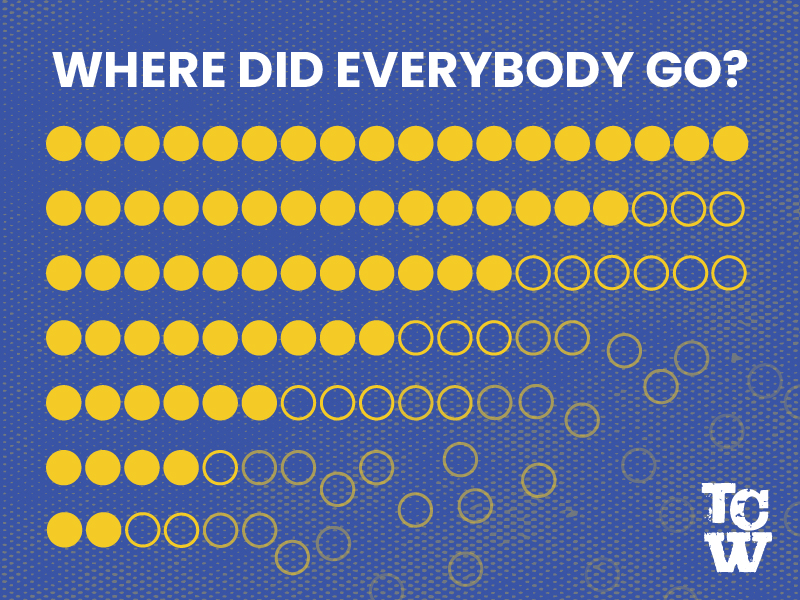 A horizontal voter progress bar that starts full at 100% and gradually breaks apart/disappears as it moves from top of ballot to local races. Think bold and conceptual rather than infographic-y, with “WHERE DID EVERYBODY GO?” as the main headline.