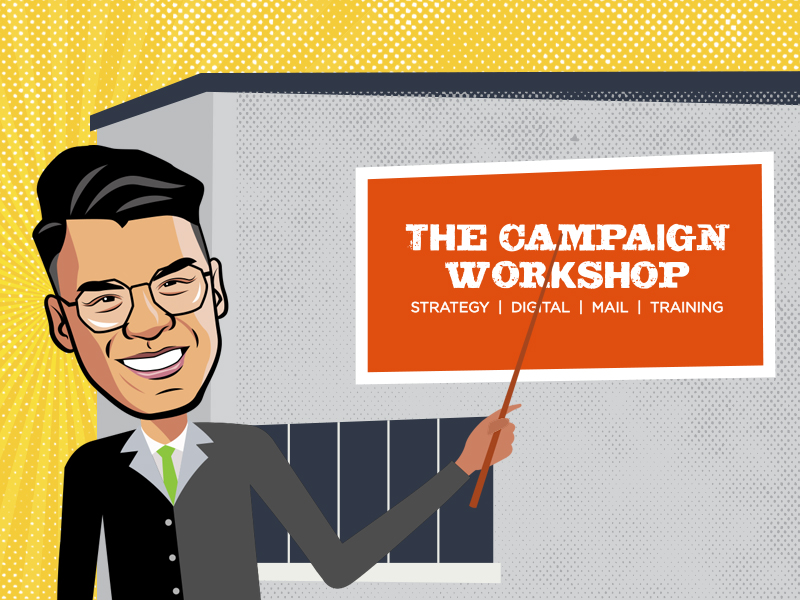 Person pointing at the campaign workshop building