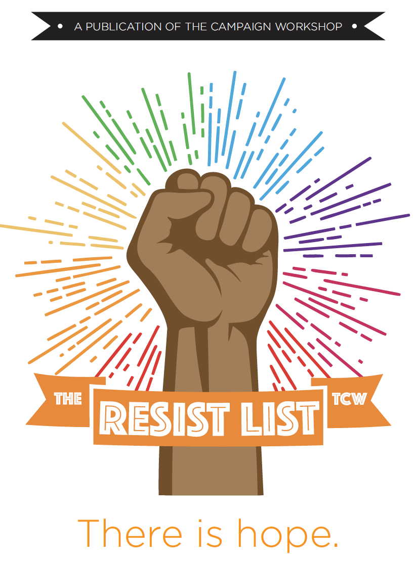 Resist List 2019: fist with colorful confetti flying off of it