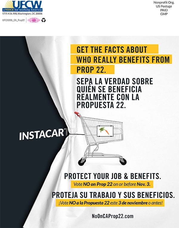 ucfw Vote no on prop 22 membership mail