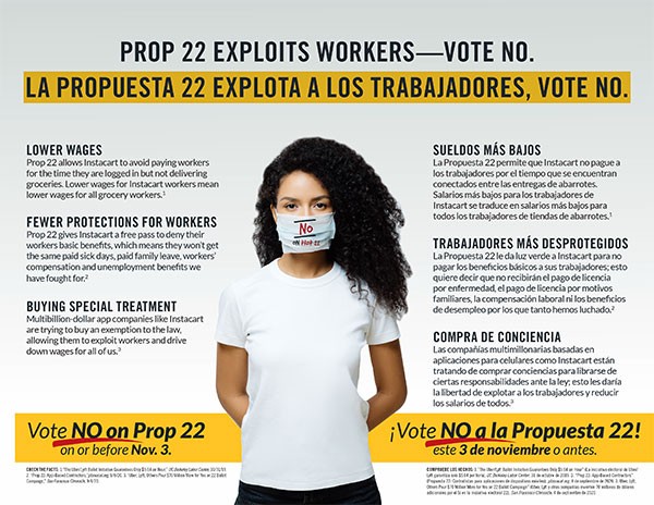ucfw Vote no on prop 22 membership mail