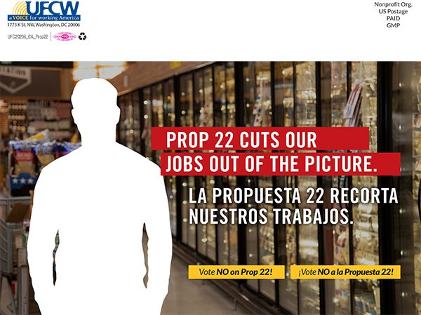 Prop 22 Cuts Our Jobs Political Direct Mail Ad