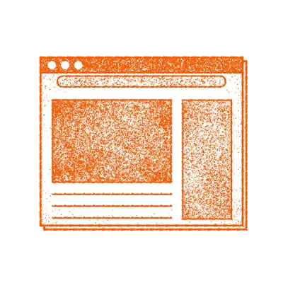 Orange and white icon depicting a webpage/browser window with header, sidebar, and content area with three horizontal lines.
