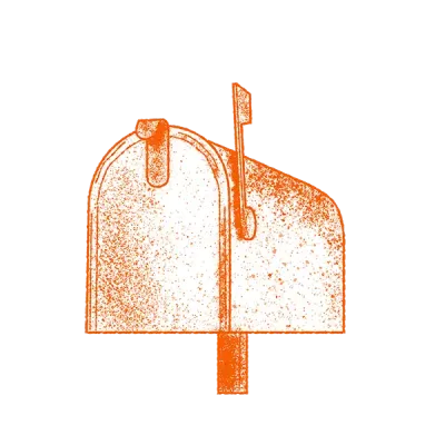 Orange mailbox with post and flag on a stand