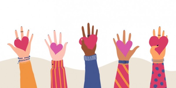 5 hands raised of different skin tones each holding a cartoon heart in their hand