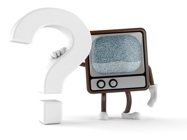Political Advertising television with arms and legs puts arm around question mark