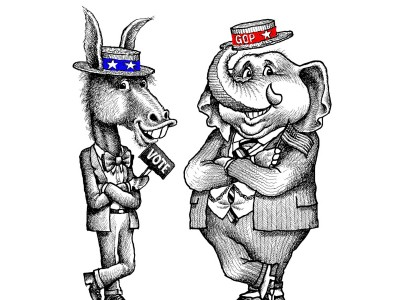political direct mail: Drawing of elephant and donkey