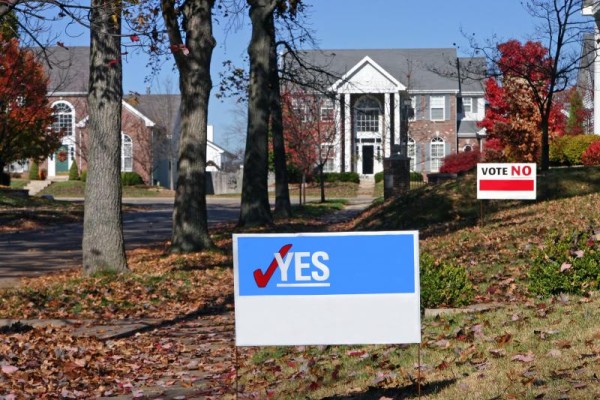 Image of a political yard sign in front of someones yard
